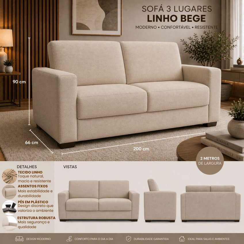 Sofá Namoradeira 3 Lugares 200cm Bege Linho Black House Decor - imagem 4
