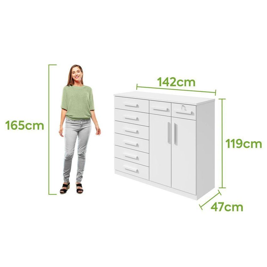 Cômoda Toronto 8 Gavetas 2 Portas Estrutura MDP MDF Puxador MDF Branco Móveis Lopas - imagem 2