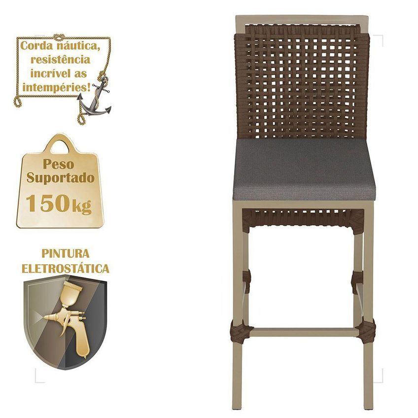 Kit 7 Banquetas Roma Fendi Alumínio Corda Náutica Tecido Encosto Fixo Marrom Trama Original - imagem 5