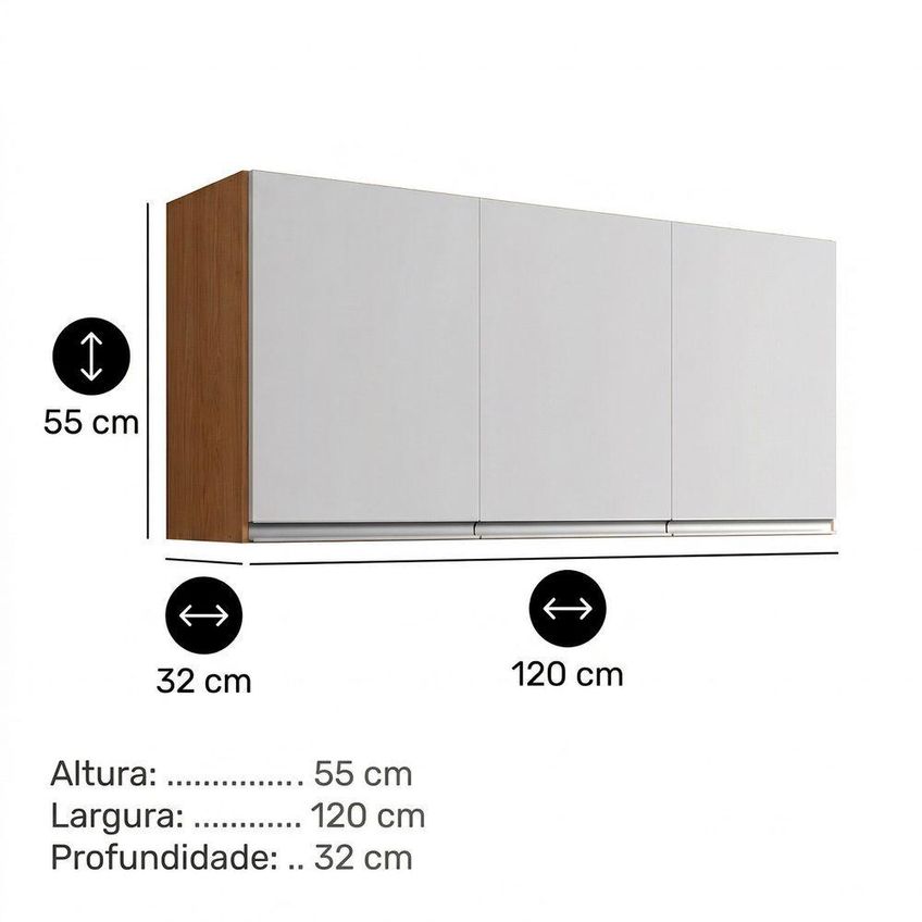 Armário Aéreo Andréia 120cm 3 Portas MDP Bater Amêndoa Branco Desk Design - imagem 3