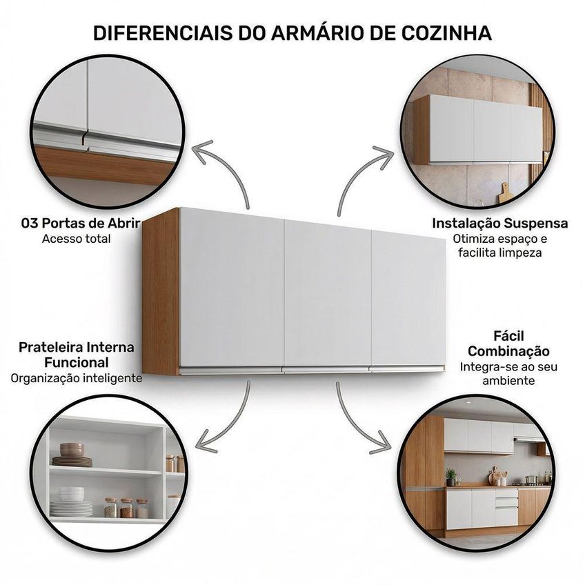 Armário Aéreo Andréia 120cm 3 Portas MDP Bater Amêndoa Branco Desk Design - imagem 4