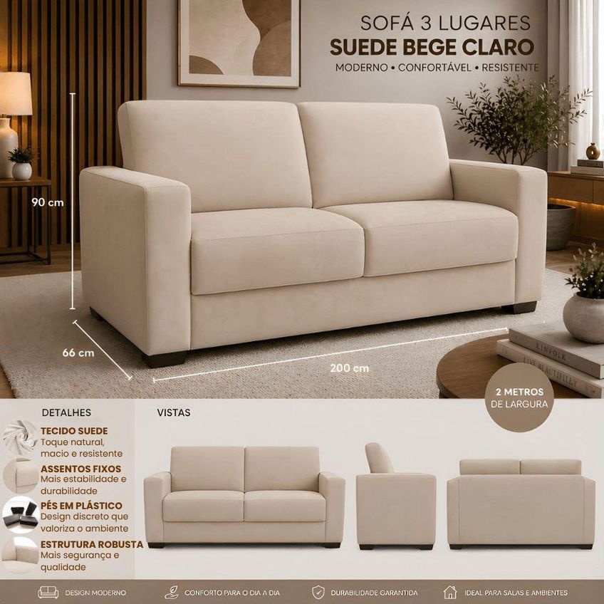 Sofá Namoradeira 3 Lugares 200cm Bege Suede Black House Decor - imagem 4