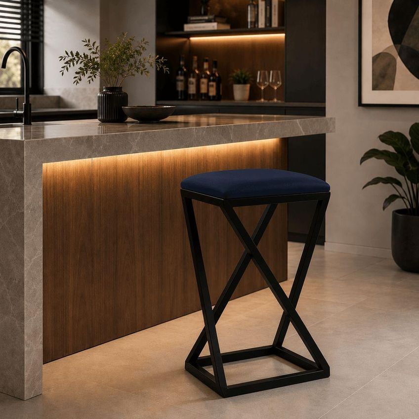 Banqueta Industrial Em Z 70cm Couro Sintético Sem Encosto Azul Marinho Isa Estofados - imagem 3