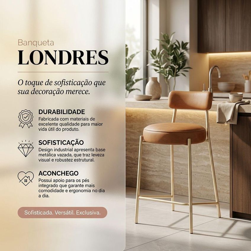 Banqueta Média Londres Assento Pu Base Fixa Com Encosto 65cm Dourado D'rossi - imagem 3