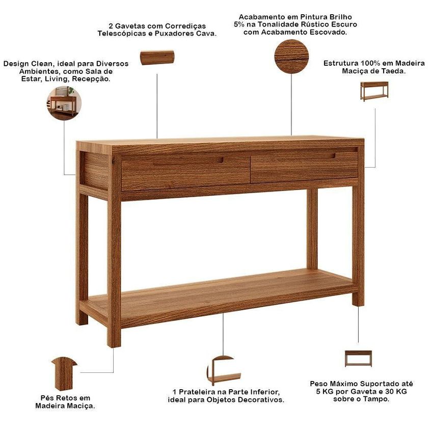 Aparador Dunia F06 Rústico 2 Gavetas Madeira Maciça 130cm Lyam Decor - imagem 3