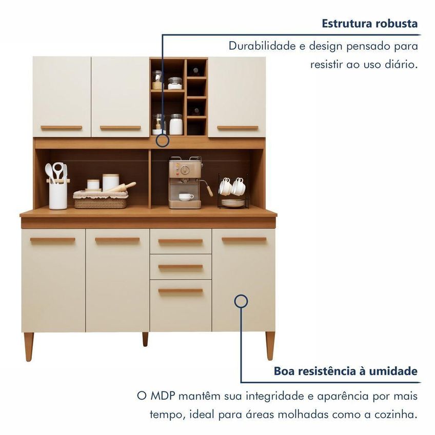 Kit Cozinha Compacta Toronto 7 Portas 2 Gavetas Mdp 153cm Off White Kaiki Móveis - imagem 3
