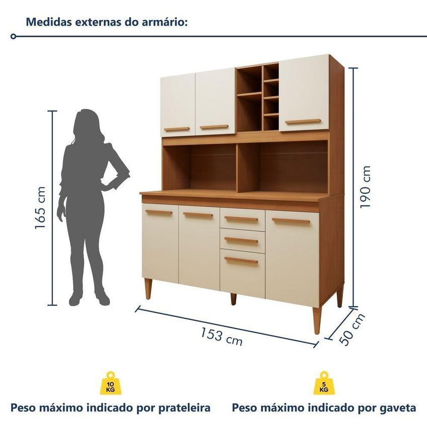 Kit Cozinha Compacta Toronto 7 Portas 2 Gavetas Mdp 153cm Off White Kaiki Móveis - imagem 4