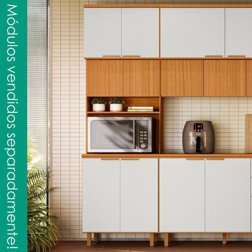 Paneleiro Duplo Bari 6 Portas 10 Prateleiras MDF Tamanho 70cm Freijó Off Acetinado Poliman - imagem 4