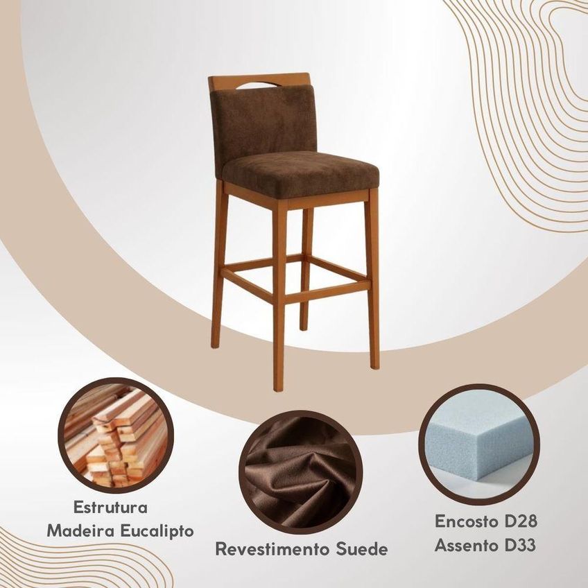 Kit 2 Banquetas Altas Estofadas Suede Para Cozinha Marrom Black House Decor - imagem 4