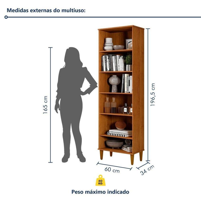 Armário Multiuso Manaus Livreiro 5 Prateleiras MDF-MDP 60cm Off White E Nature Kaiki Móveis - imagem 3