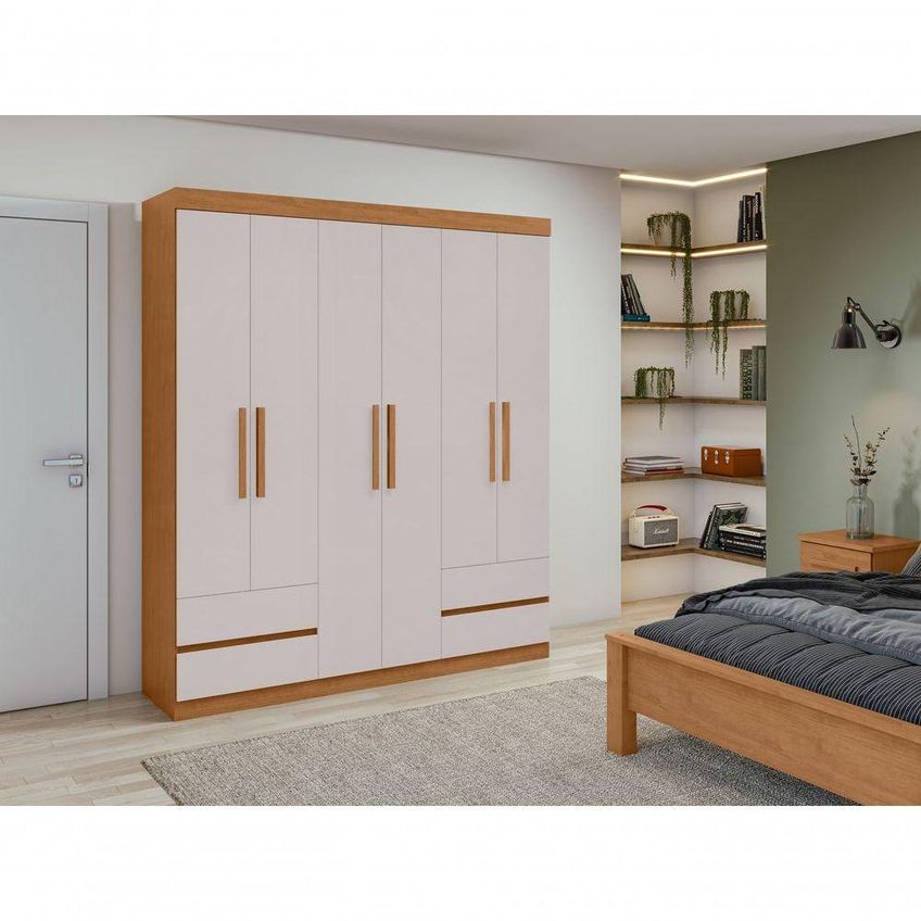 Guarda Roupa Casal Zeus 6 Portas De Bater 4 Gavetas MDP Amendoa Clean Off White Móveis Lopas - imagem 3