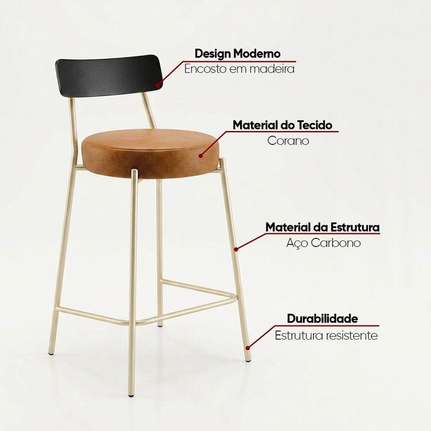 Banqueta Cozinha Alta D03 Assento Pu Base Fixa Com Encosto Não Ajustável Amadeirado E Preto D'rossi - imagem 5