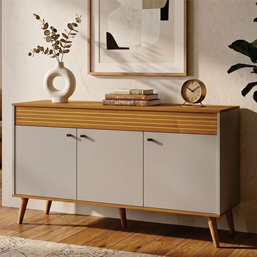 Buffet Jade Gold 3 Portas 3 Prateleiras MDF-MDP Com Pés Elevados Cinamomo-Off White Leifer Móveis - imagem 2