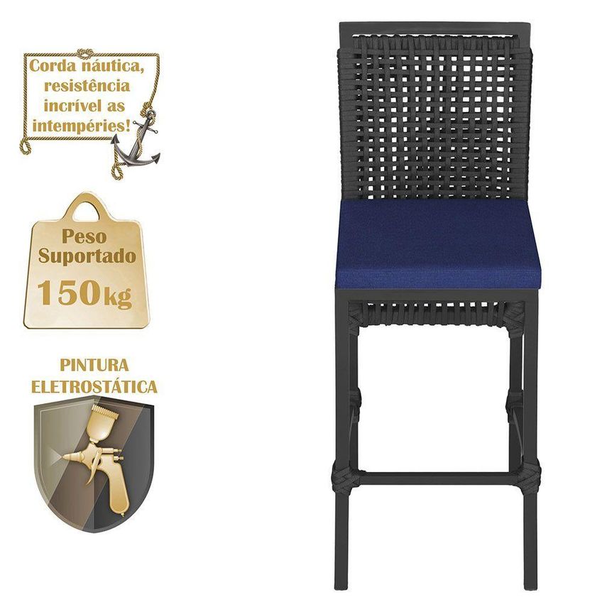 Kit 3 Banquetas Roma Alumínio Corda Náutica Tecido Encosto Preto Trama Original - imagem 4