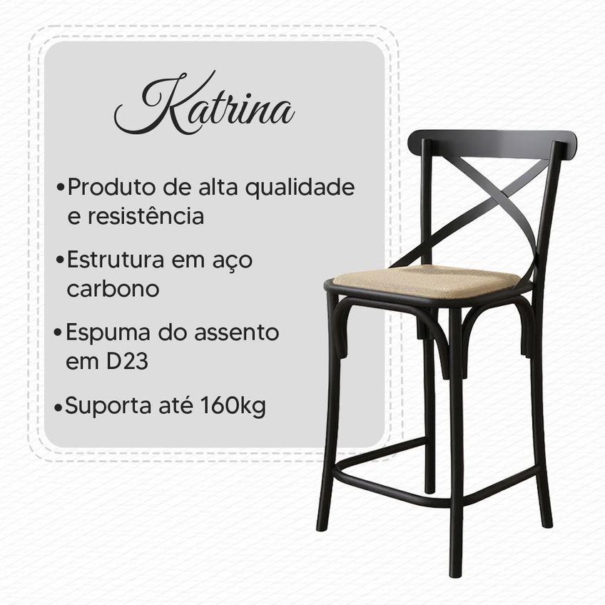 Kit 2 Banquetas Baixa Katrina Assento Courino Estrutura Aço Encosto Com Apoio Preto - imagem 2