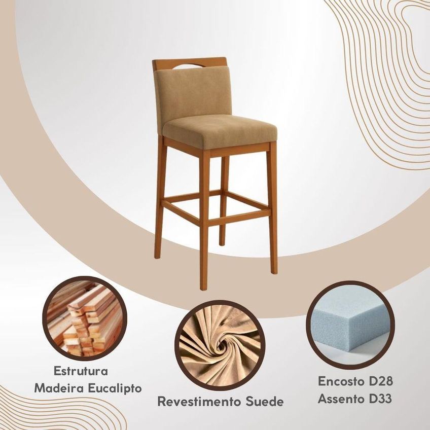 Kit 2 Banquetas Alta Cozinha Gourmet Estofada Suede Encosto Madeira Capuccino - imagem 3