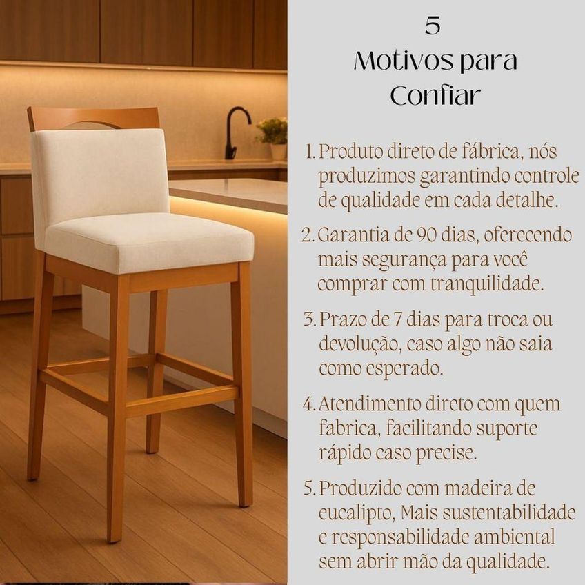 Kit 2 Banquetas Alta Cozinha Gourmet Estofada Suede Encosto Madeira Capuccino - imagem 5