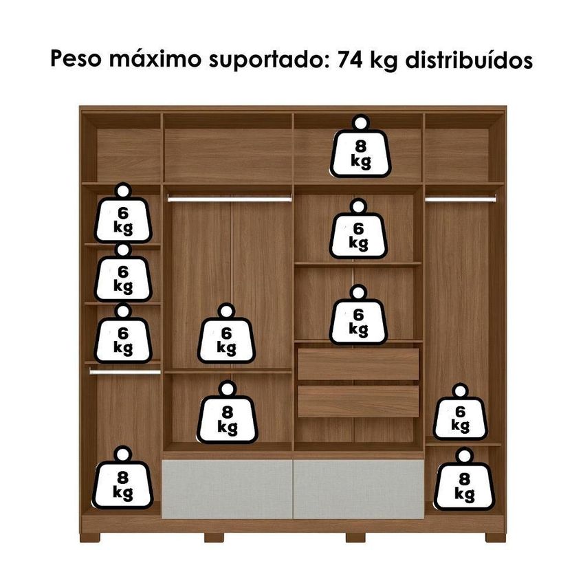 Guarda Roupa Casal Denver 6 Portas De Bater 4 Gavetas Com Espelho Carvalho Fendi Moval Móveis - imagem 3