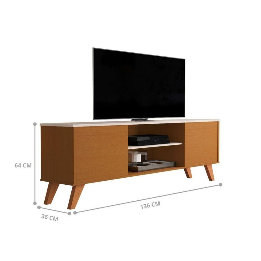 Rack Retro Para TV Sala Estar Bancada Helena 60 Polegadas 136cm MDP Cedro Off White De Casa - imagem 2