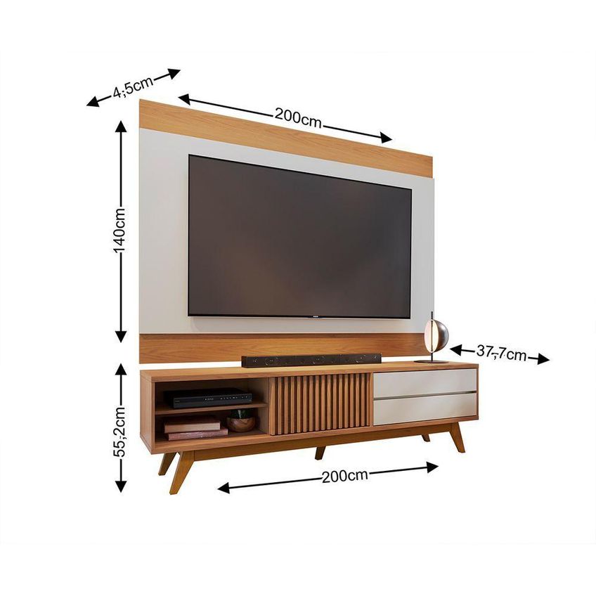Rack Com Painel Veneza Nilo Para TV 75" 200cm MDF MDP Com Porta De Correr Ripada E Gavetas - imagem 3