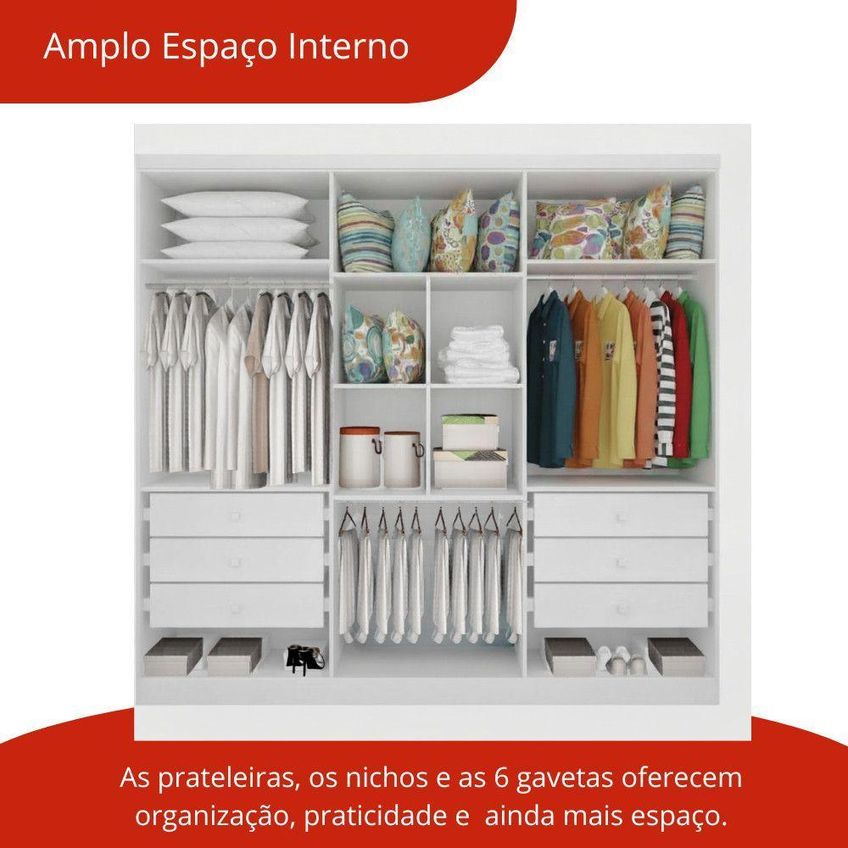 Guarda Roupa Casal Bellagio 6 Portas De Bater 6 Gavetas MDF Neve Móveis Novo Horizonte - imagem 3