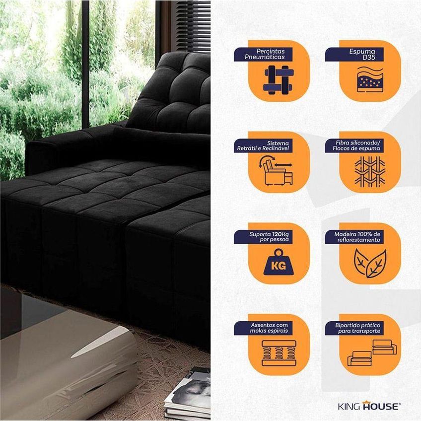 Sofá Retrátil Reclinável Alaska 3,00m Suede Velut Preto Molas No Assento - King House - imagem 3