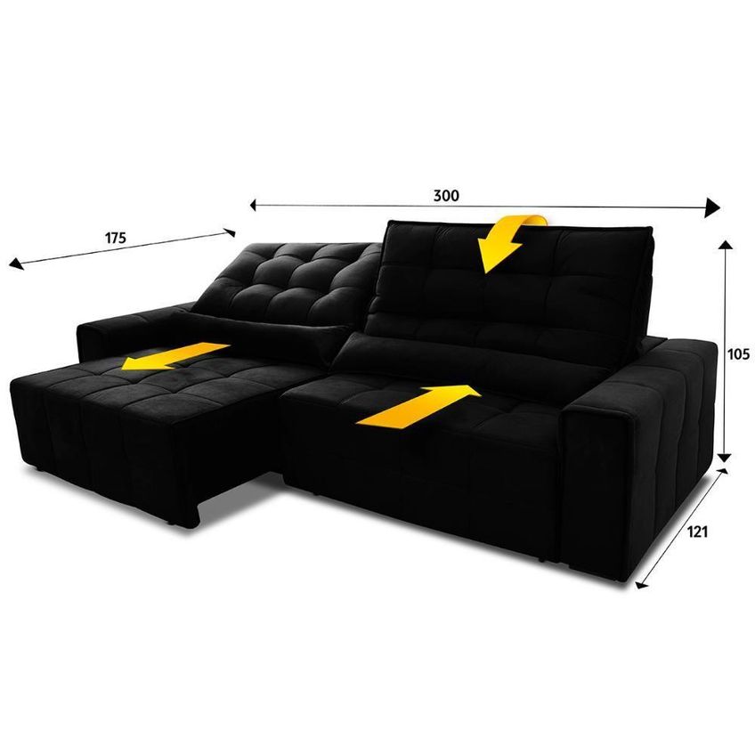 Sofá Retrátil Reclinável Alaska 3,00m Suede Velut Preto Molas No Assento - King House - imagem 4