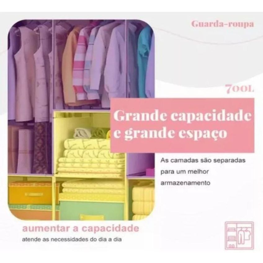 Guarda Roupa Portatil Tipo Armario Com Prateleiras E Arara Cabideiro Azul Com Estrutura Leve - imagem 5