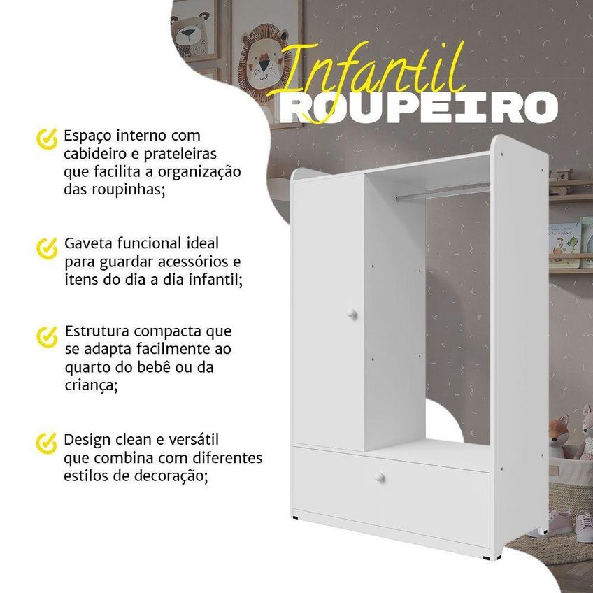 Guarda Roupa Infantil 1 Porta Giratória Com Gaveta Em MDF Branco Infantile Móveis - imagem 3