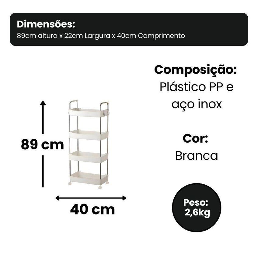 Prateleira Multiuso 4 Níveis Com Rodinhas 22cm Branco Globalmix - imagem 3