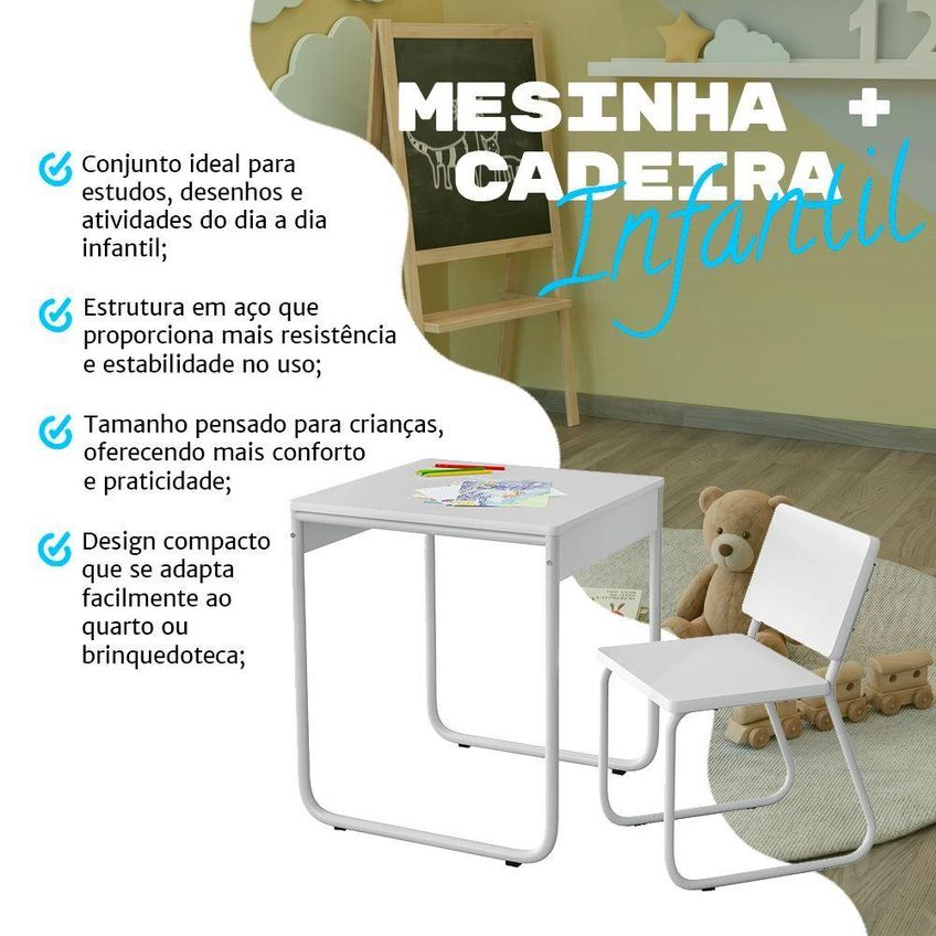 Mesinha Infantil Com Cadeira Para Estudos E Desenhos Estrutura Aço Branco Infantile Móveis - imagem 3