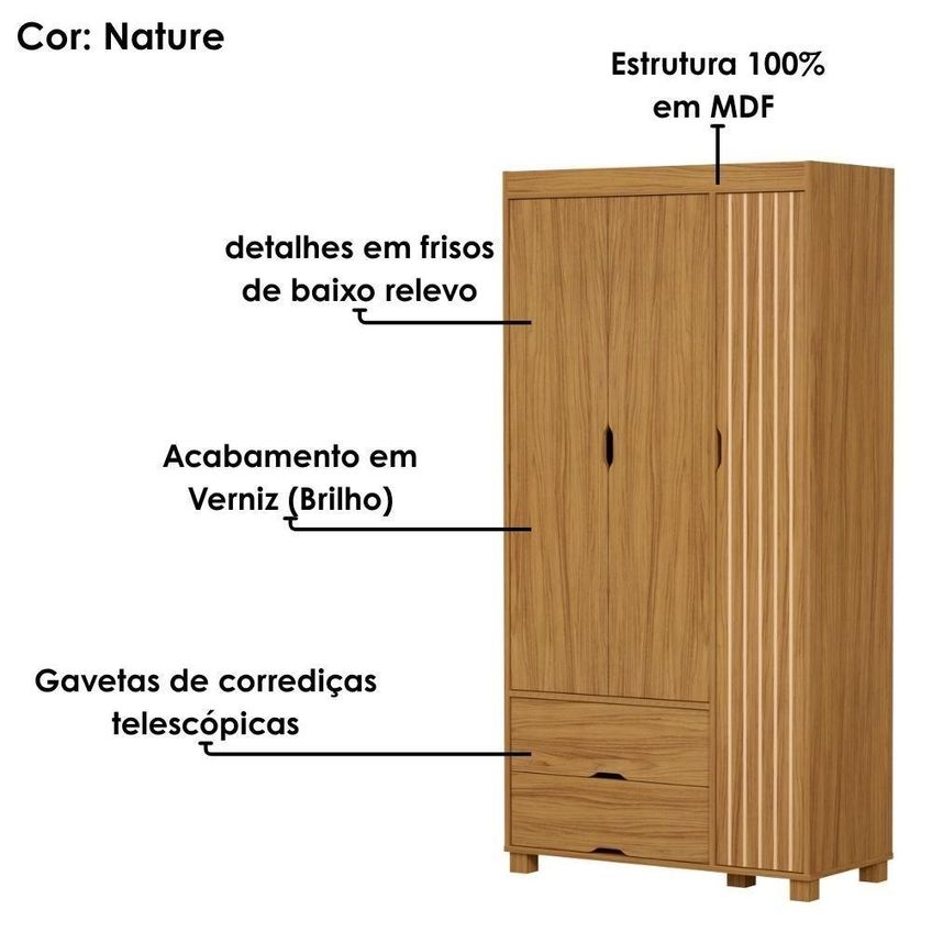 Guarda Roupa Solteiro 3 Portas Dobráveis 2 Gavetas E Cama Bela MDF Nature Off Milani Moveleira - imagem 5