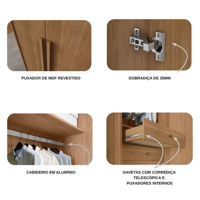 Guarda Roupa Casal Montebello 6 Portas De Bater 6 Gavetas MDF Cumaru-Fendi Móveis Novo Horizonte - imagem 5