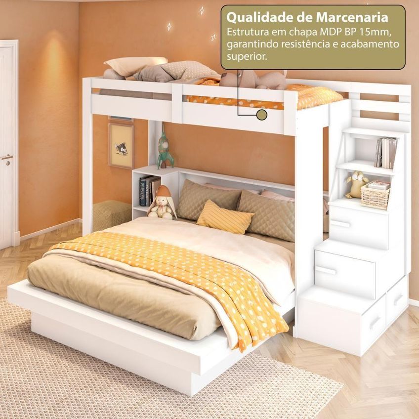 Beliche Infantil Juvenil Crrui-cam012 Cama Queen E Solteiro Mdp Branco Multimóveis - imagem 3
