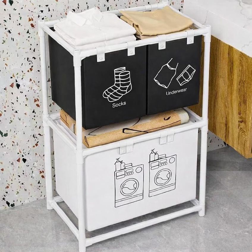 Estante Para Lavanderia Cesto Triplo De Roupas Sujas 3 Gavetas Metal Branca Yeet - imagem 3