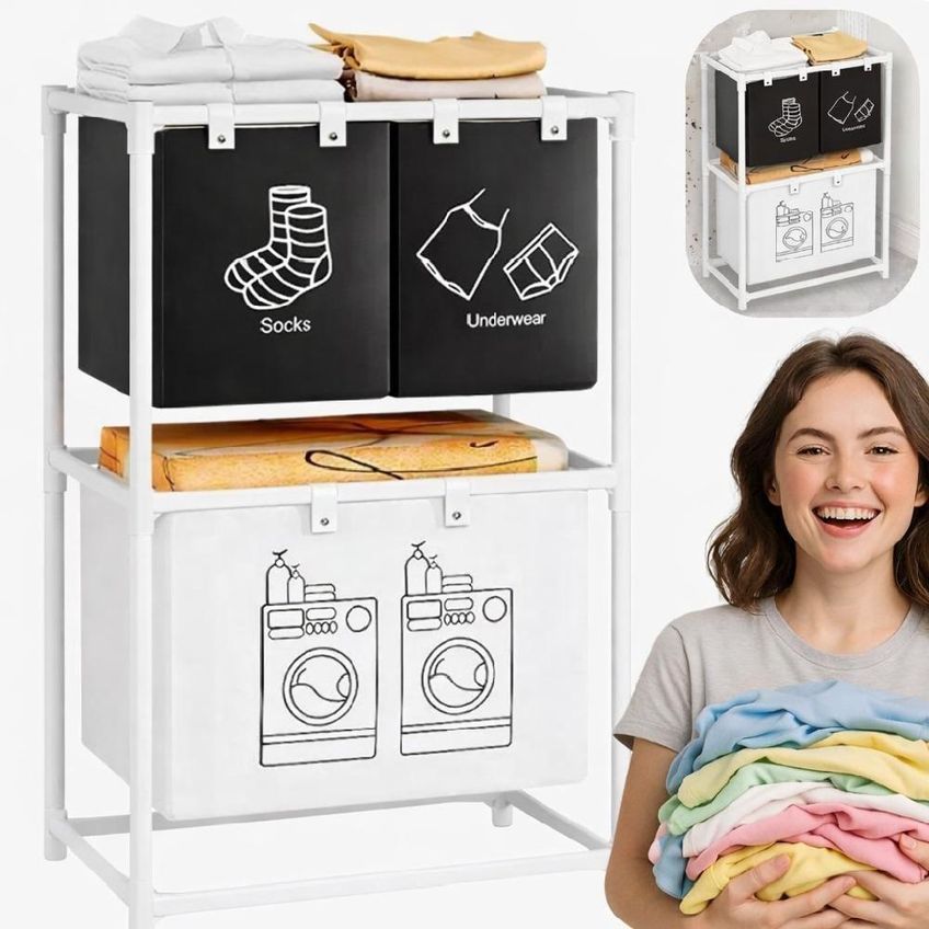 Estante Para Lavanderia Cesto Triplo De Roupas Sujas 3 Gavetas Metal Branca Yeet - imagem 4