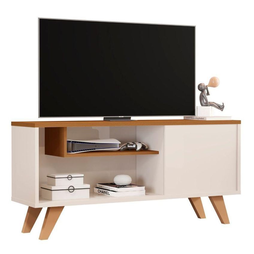 Rack Retro Bancada Heitor Para TV 60 Polegadas 100cm MDP Com Nicho 1 Porta Off White Nature De Casa - imagem 3