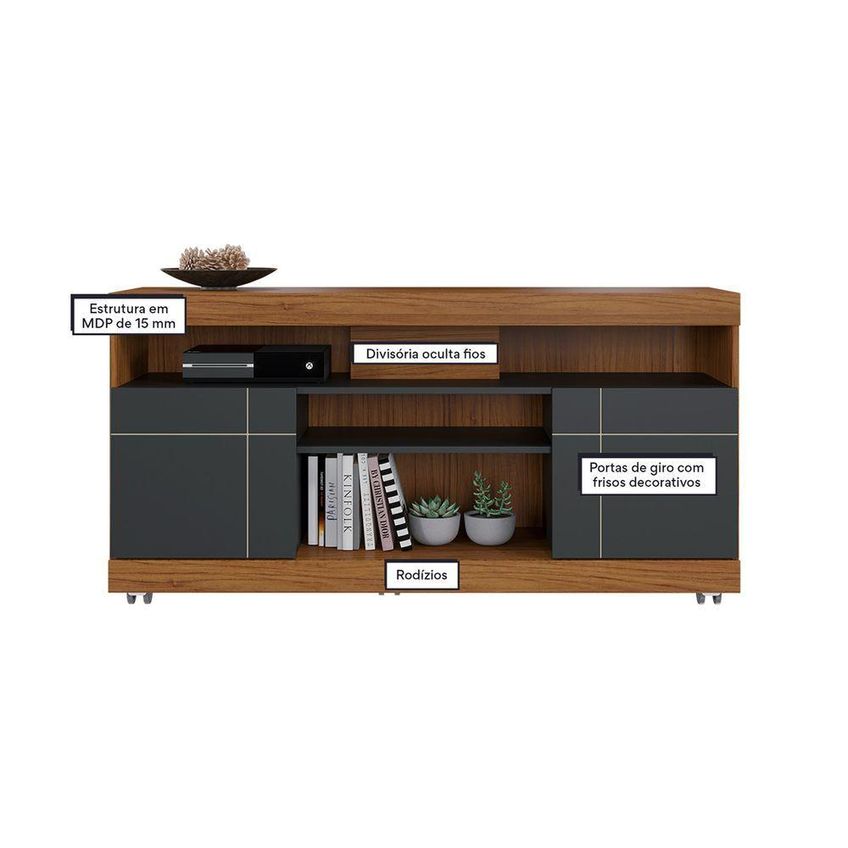 Rack Para TV Yara 47" 136cm MDP com 2 Portas e Rodízios Noce Preto - imagem 3