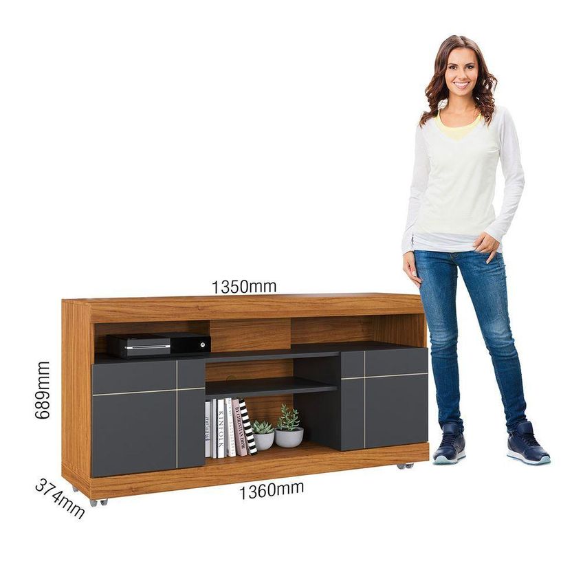 Rack Para TV Yara 47" 136cm MDP com 2 Portas e Rodízios Noce Preto - imagem 4