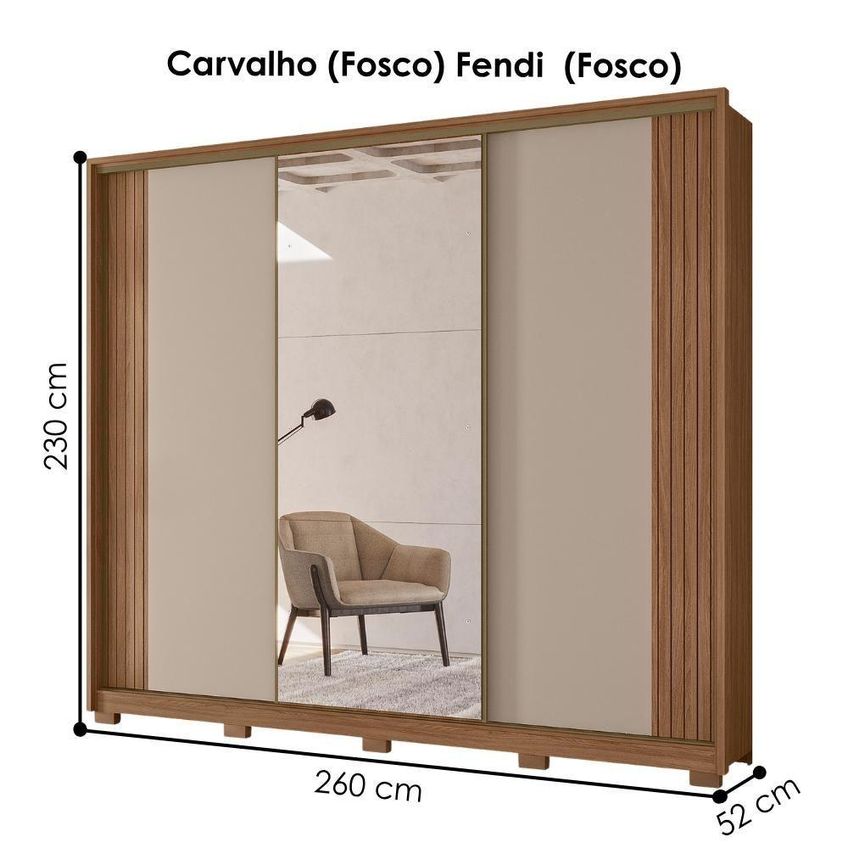 Guarda Roupa Casal Nevada 3 Portas De Correr Com Espelho Carvalho Fendi Moval Móveis - imagem 3