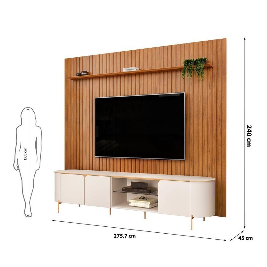 Painel Com Bancada Para TV Painel Trento Ripado Ariana 75" 250cm MDF Off White E Freijó DJ Móveis - imagem 3