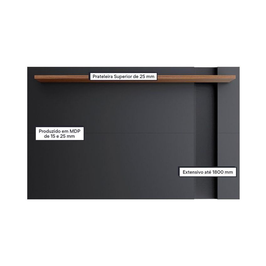 Painel Para TV Leme 70" 160-180cm MDP Extensivo Com Prateleira Decorativa Preto Noce - imagem 3