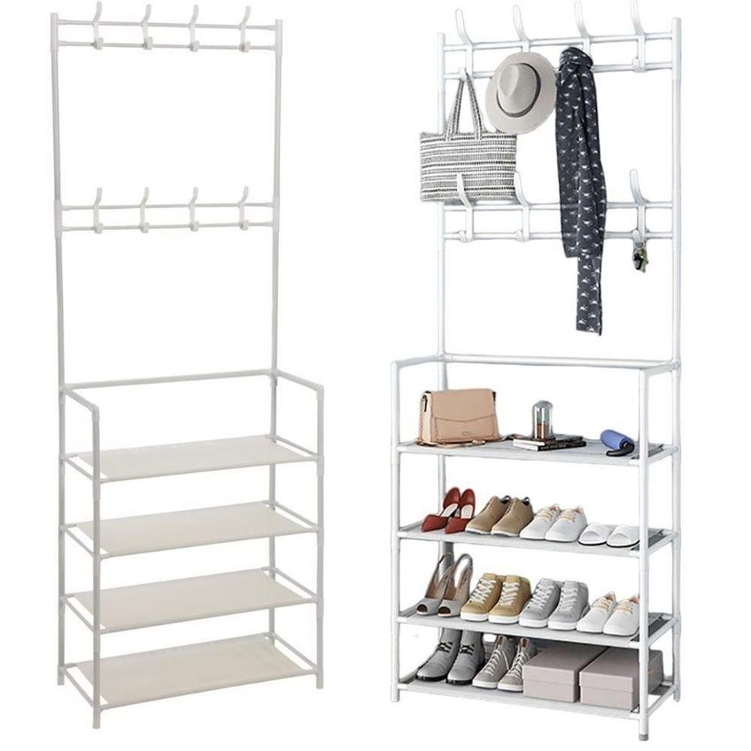 Sapateira Com Cabideiro Arara Multifuncional 4 Prateleiras Branco Organizador De Roupas E Sapatos - imagem 3