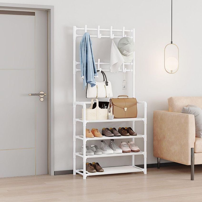 Sapateira Com Cabideiro Arara Multifuncional 4 Prateleiras Branco Organizador De Roupas E Sapatos - imagem 4
