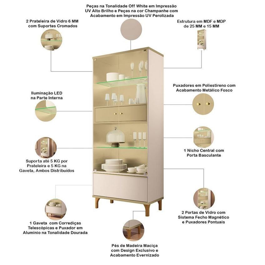 Cristaleira Lúmen B01 2 Portas De Vidro Com Led Off White Lyam Decor - imagem 3