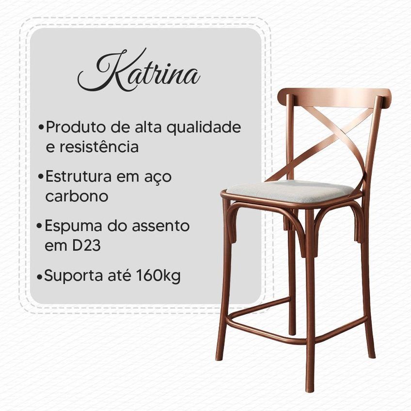 Kit 2 Banquetas Baixa Katrina Assento Corano Estrutura Aço Encosto Fixo Branco - imagem 4