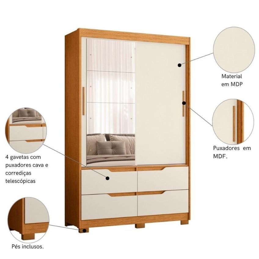 Roupeiro Casal Guarda Roupa 2 Portas Giratórias 4 Gavetas Com Espelho Marrom Mais De Casa - imagem 2