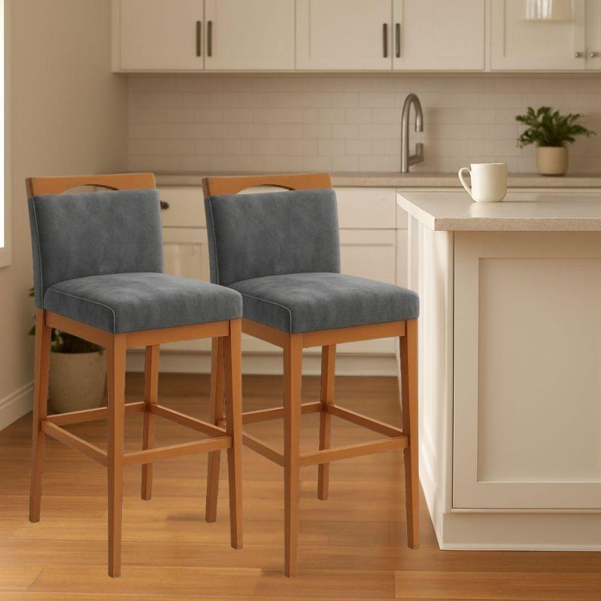 Kit 2 Banquetas Alta Cozinha Gourmet Estofada Suede Encosto Ergonômico Cinza - imagem 4