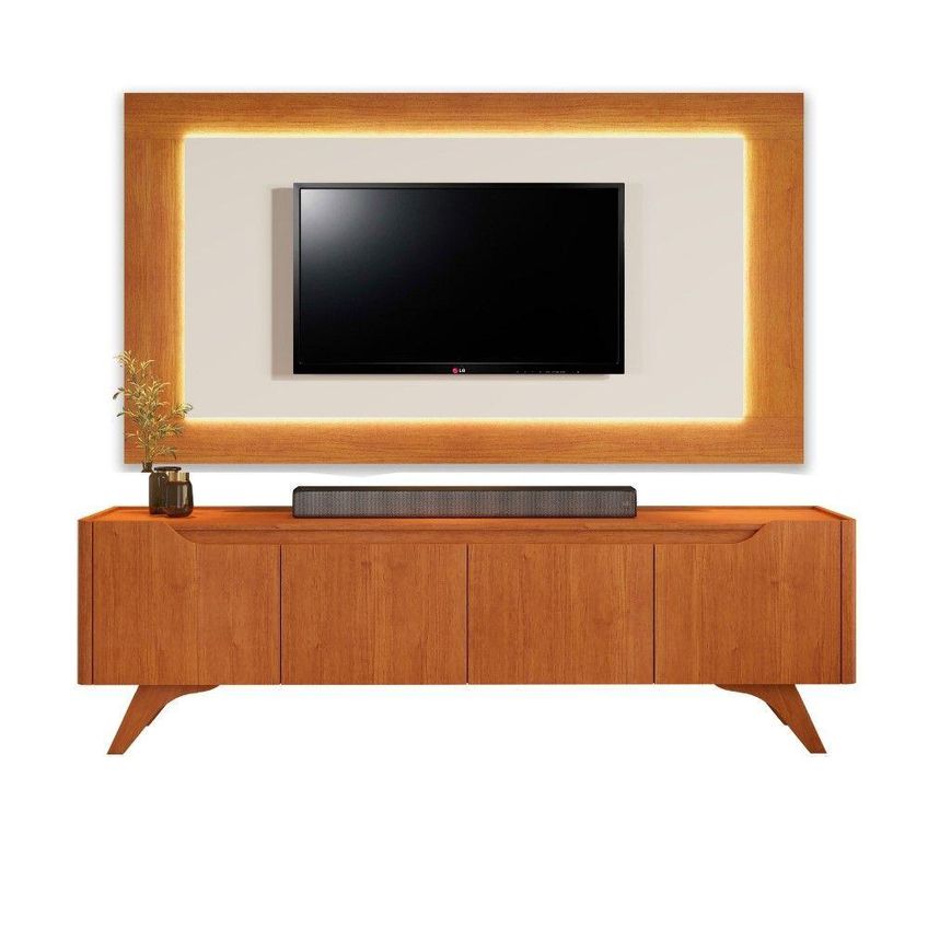 Painel E Rack Para TV 65" Grécia 220cm MDP Com LED Off White E Naturalle Mavaular Móveis - imagem 3