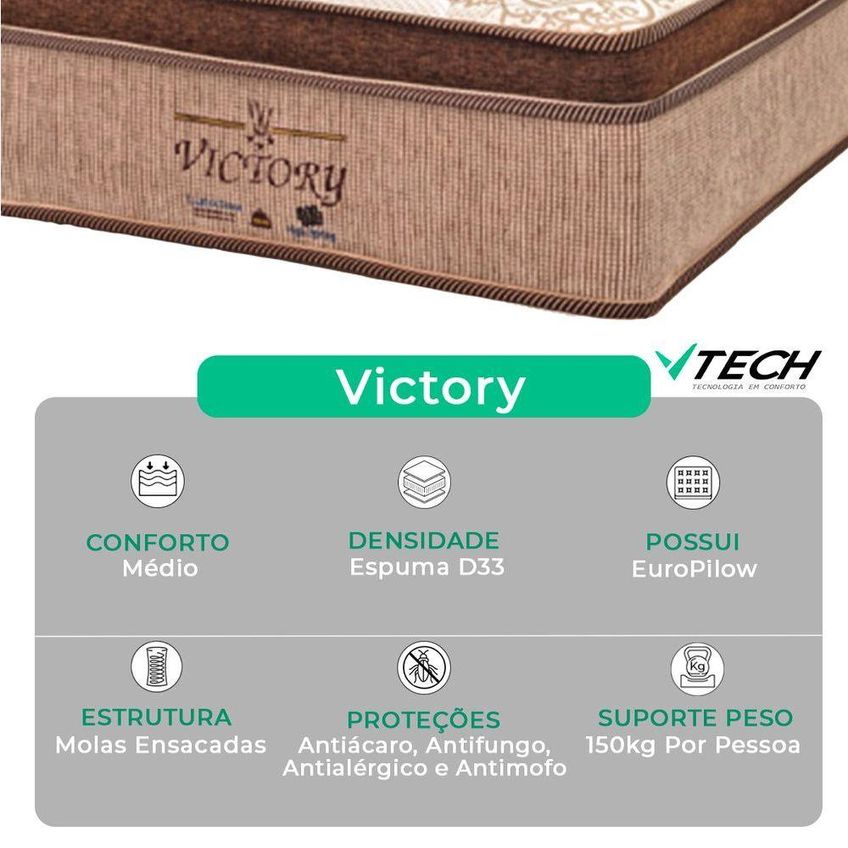 Colchão Solteiro Mola Victory Molas Ensacadas Euro Pillow 78x188x30 Vtech - imagem 4
